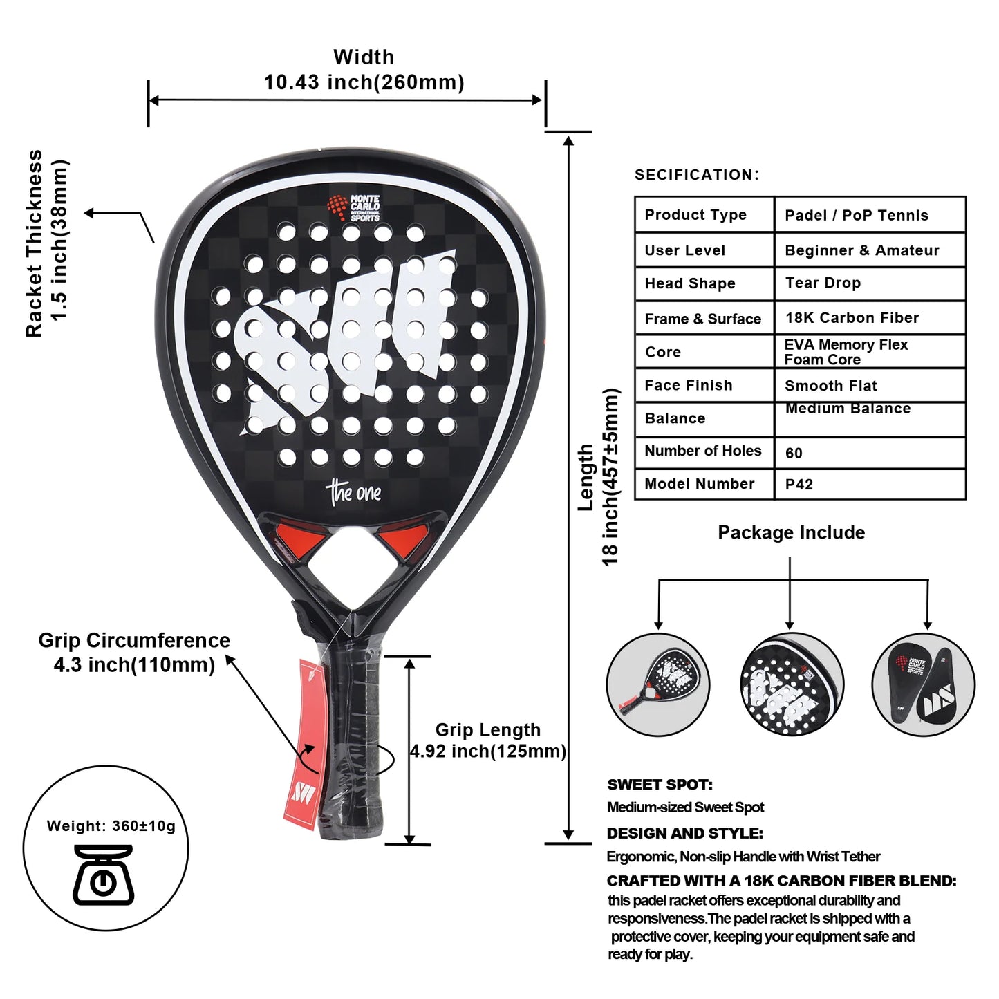 Lightweight Carbon Padel Racket